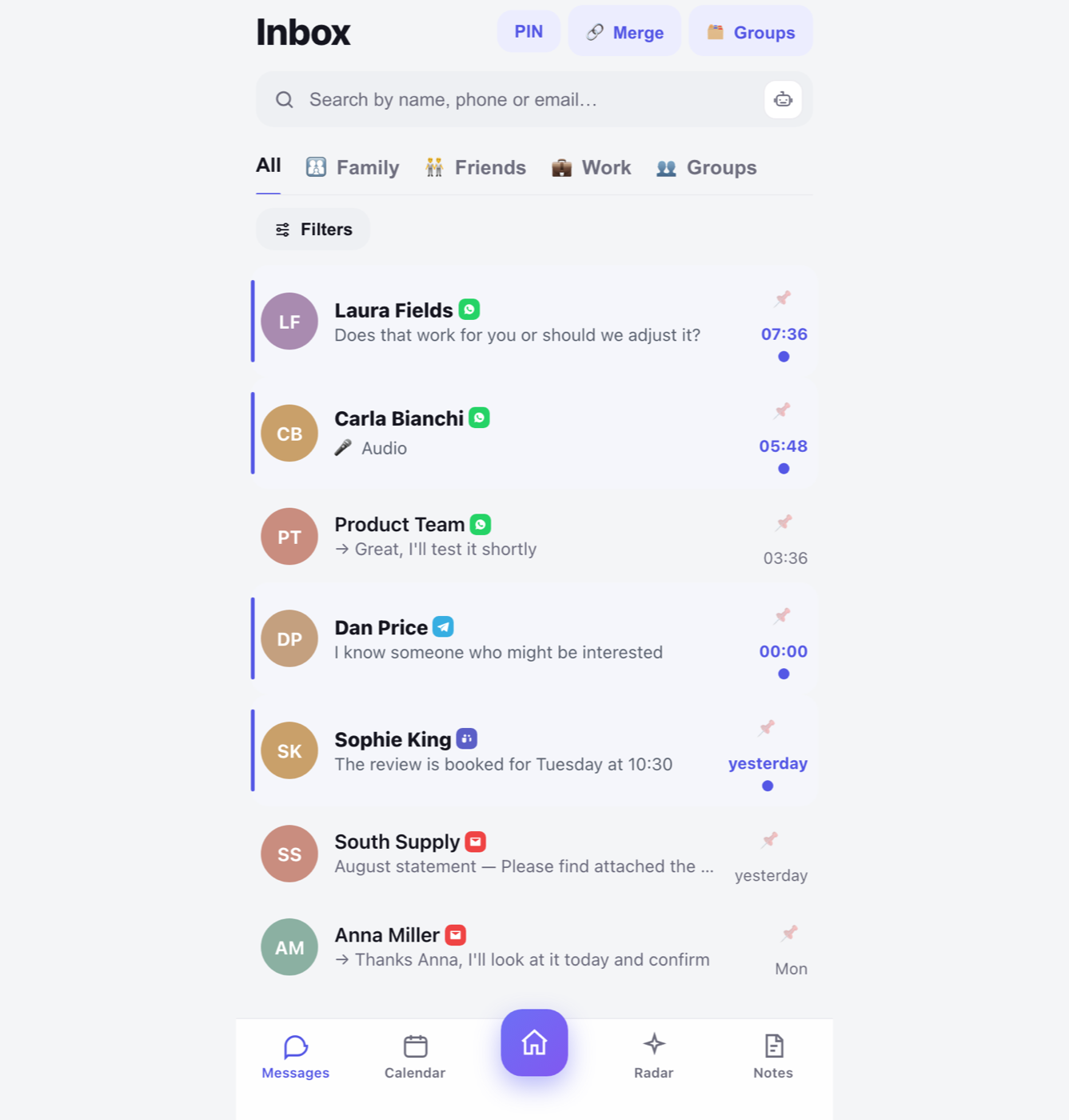 Bandeja unificada de Pipe: WhatsApp, correo, Telegram y Teams en una sola lista